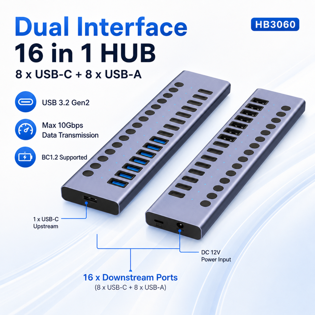 10Gbps USB 3.2 Gen2 Hub 16 in 1 Powered Aluminum Multi Port Splitter with 16 Individual Switches 12V 8A Adapter