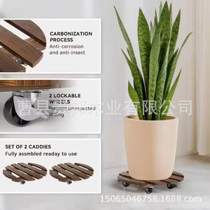 Solid Wood Mobile Plant <b>Stand</b> Round With Casters Carbonized Wood Tray Wooden Flower <b>Pot</b> Floor Seat 11.81in/30cm - Product Image 3