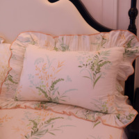 Ensemble de literie en coton 100% 40S à fleurs vertes, jupe de lit à volants en dentelle avec attaches antidérapantes, 4 pièces