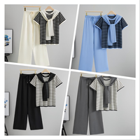 Ensemble décontracté sport chic anti-rides en viscose tricotée à col rond pour femme, avec haut rayé à manches courtes et lacets, et pantalon large pour l'été