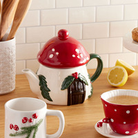 Théière en céramique en forme de maison champignon, théière en céramique rouge et verte