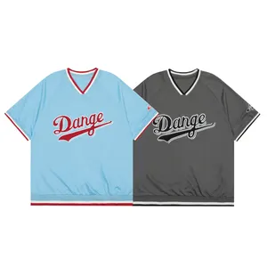 Streetewear Fashion Style Embroidered Logo Color Contrast Short Sleeve V-neck Baseball Jersey Loose Fit Boxy T Shirt For Men