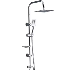 Columna de ducha moderna económica con grifo monomando, acabado cromado de acero inoxidable pulido, montaje en pared, estante para jabón y barra deslizante. - Product Image 2