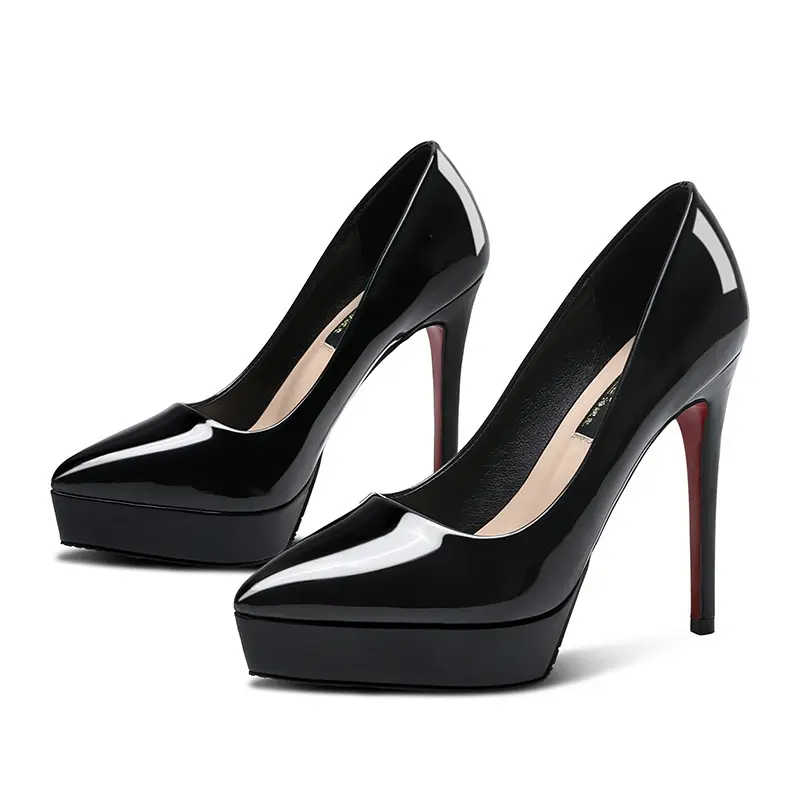 new design women's pump shoes black patent leather round toe double platform high heel dress ladies shoes