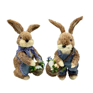 Spring Easter 2024 Family Decoration Natural Straw Sisal Rabbit With Basket Egg Plastic Flower Wearing Blue Overalls Home Decor