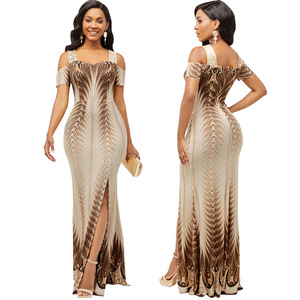 <span class=keywords><strong>Robe</strong></span> élégante à design <span class=keywords><strong>Robe</strong></span> sexy à impression numérique à la mode <span class=keywords><strong>Robe</strong></span> longue de soirée à épaules dénudées pour filles - Product Image 1