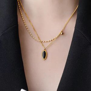 Vintage Oval <b>Black</b> Pendant Necklace | 18K PVD Gold Stainless Steel Curb <b>Chain</b> and Elongated Metal Bead <b>Chain</b> Layered Jewelry - Product Image 1
