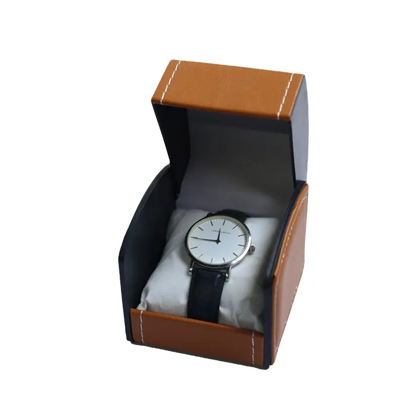 Scatola per orologi stampata con Logo personalizzato all'ingrosso scatola per orologi da uomo riciclata portatile regalo in pelle marrone con custodia per orologi in velluto