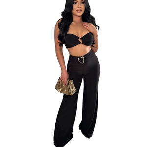 Factory Direct Decorative Button Solid <b>Colour</b> Sexy Halter Backless Ladies Pants Two Piece <b>Set</b> Fashion - Product Image 3