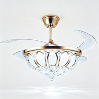 Ventilateur de plafond LED silencieux et dimmable Lotus Crystal Gold avec télécommande, rétractable, pour intérieur