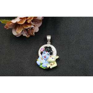 Colgante de Plata Hecho a Mano con el Dios Krishna y la Vaca, Joyería Espiritual para Hombres, Mujeres y Niños, Medallón Religioso Devocional - Product Image 3