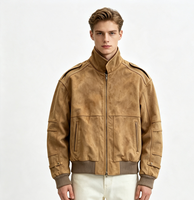 Jaket Bomber Penerbangan Khaki Vintage Pria Kerah Tegak Mantel Kulit Model Longgar untuk Gaya Jalanan Sehari-hari