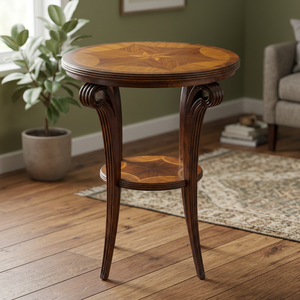 Table basse en bois traditionnelle faite à la main avec plateau incrusté et étagère inférieure, design antique pour le salon - Product Image 3