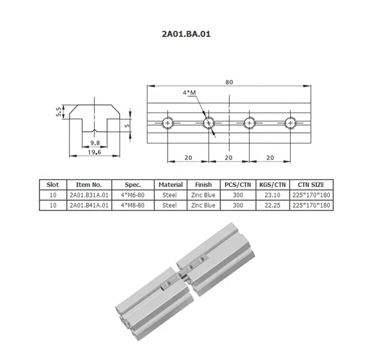 2A01.BA.01 High-quality steel covered zinc plated m6/m8 length 80mm 4 holes t slot nut with groove 10