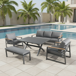 Ensemble de <span class=keywords><strong>salon</strong></span> et salle à manger moderne de 5 pièces, <span class=keywords><strong>table</strong></span> en aluminium, banc, canapé de <span class=keywords><strong>jardin</strong></span>, système de sièges, résistant aux UV, mobilier modulaire pour hôtel - Product Image 2