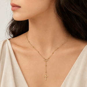 Collier en Y avec pendentif croix cœur perlé en acier inoxydable plaqué or 14K sous vide, chaîne réglable, tons or et argent - Product Image 5