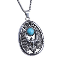 Nouveau collier pendentif rond en acier inoxydable style européen rétro, motif aigle turquoise, tendance hip-hop