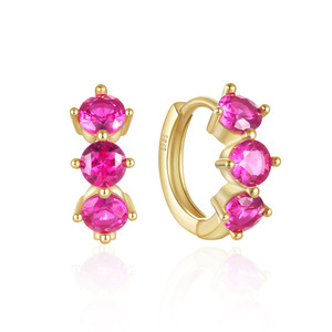 Boucles d'oreilles créoles Huggies CANNER en argent sterling 925 plaqué or 18 carats avec triple rubis rouge rose et zircon 5A pour filles et femmes - Product Image 1