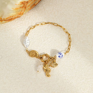 2025 New Summer Ocean Jewelry <b>Boho</b> Pearl <b>Bracelet</b> Stainless Steel Conch Shell Seahorse Charm Gold PVD Chain Link <b>Bracelet</b> Womens - Product Image 2