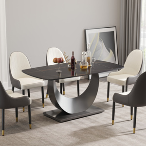 <span class=keywords><strong>Table</strong></span> de salle à manger de luxe moderne avec base en forme de lune en acier inoxydable et panneau en marbre pour meubles de maison Voxhome - Product Image 2