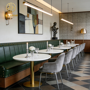 Muebles de Restaurante Modernos de Mediados de Siglo, Banqueta de Cuero Verde a Rayas y Sillas de Terciopelo Gris con Mesa de Piedra para Cafetería - Product Image 1