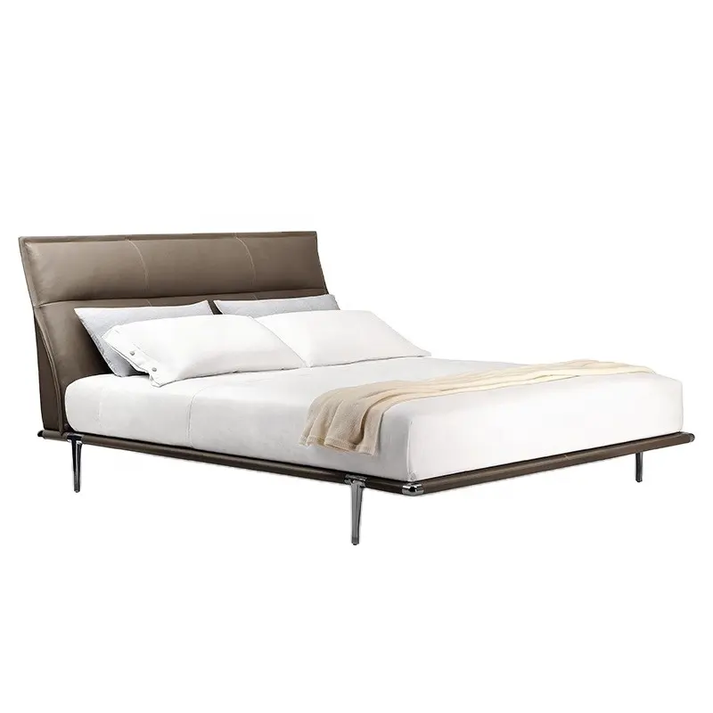 Tempat tidur kulit minimalis Italia, tempat tidur stainless steel rak metal 1.8 double kulit