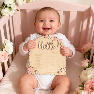Decorazioni per Foto di Neonati 'Hello World', Insegna in Legno Incisa, Annuncio di Nascita, Insegna in Legno Incisa al Laser - Product Image 3