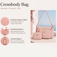 Set Tas Selempang Pink 3 in 1 untuk Wanita, Tas Bahu Kulit Vegan Monogram dengan Dompet Kecil dan Tas Selempang Pouch yang Dapat Dilepas