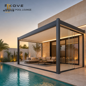 RKOVE RK-S2 Luxury Aluminum Motorized Pergola with Retractable Louvered Roof Glass <b>Sliding</b> Panels for Hotel Villa Pool Area - Product Image 4