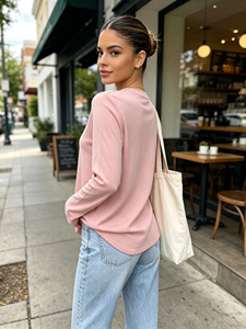 Chemise boutonnée rose à manches longues pour femme, décontractée, couleur unie, coupe classique, toutes saisons - Product Image 2