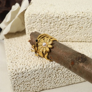 Non Tarnish Gold Plated Cuff Finger <b>Rings</b> Women Shell Pearl Charm Sunflower <b>Ring</b> - Product Image 6