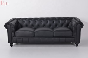 Muebles de sala de chesterfield rollo brazo sofá clásico negro de 3 plazas botón distintos de sofá de cuero - Product Image 2