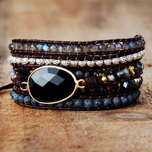 Bracelet vintage en corde de cuir de vachette perlé, agate noire, tissé à la main, 5 brins, bijou unisexe, cadeau - Product Image 1