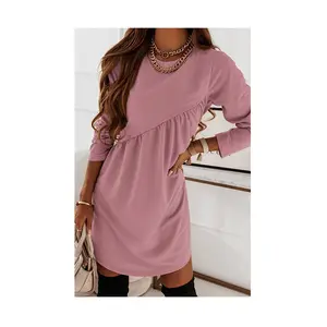 Vestido de manga comprida estilo simples europeu americano para meninas elegantes vestidos casuais de cor sólida mini para mulheres com desenho irregular