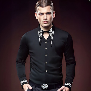 <span class=keywords><strong>Camisa</strong></span> <span class=keywords><strong>de</strong></span> <span class=keywords><strong>Vestir</strong></span> <span class=keywords><strong>de</strong></span> Lujo para Hombre con Bordado, Manga Larga, Corte Ajustado, <span class=keywords><strong>Blanca</strong></span>, para Boda, Fiesta Social, con <span class=keywords><strong>Cuello</strong></span> Bordado en Dorado/Negro - Product Image 4