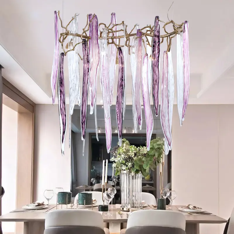 Elegant Article Purple Colored Big Size Glass Water Drop Decorate Loft Apartment LED Chandelier Modern