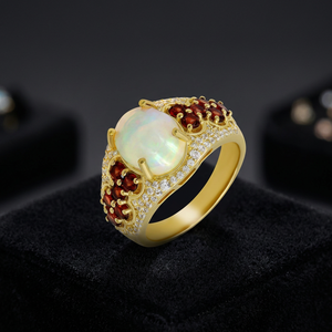 Gourik 925 Sterling Silver <b>Gold</b> Plated <b>Ring</b> Oval White <b>Opal</b> Natural Red Garnet Zircon Gemstone Wedding Jewelry <b>Ring</b> - Product Image 3