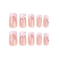 Ongles à Pression Carrés Français Couverture Complète Style Ins Fleur, Prix de Gros, Conseils d'Art Ongulaire Brillants Diamant, Faux Ongles