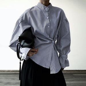 Blusa de Oficina para Mujer, Estilo Casual, con Botones en la Cintura, Cuello Solapa, Ecológica, 100% Poliéster, a Rayas, Bloques de Color, Manga Larga, para Uso Diario - Product Image 3