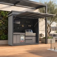 Abri de cuisine extérieur en acier inoxydable 304 avec barbecue et réfrigérateur, double porte coulissante, conception résistante aux intempéries, fenêtre latérale et ventilation