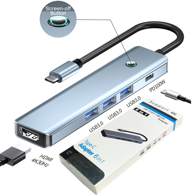 Justlink 5 in 1 Aluminum Alloy USB C Hub for 4K 30Hz USB 3.0 5Gbps 100W PD Charging Screen Button Docking Station Laptop Stock
