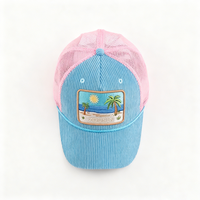 Groothandel op maat gemaakte sportieve dobby corduroy kinder 5-panel 2-kleurige blauw-roze zomer strand geborduurde mesh trucker pet