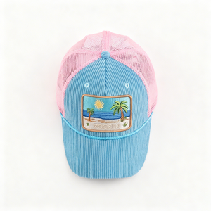 थोक कस्टम स्पोर्टी डोबी कॉर्डरॉय बच्चों 5 पैनल 2 टोन ब्लू समर बीच कढ़ाई मेष ट्रक टोपी - Product Image 4