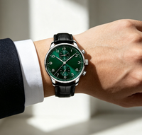 Montre automatique chronographe pour homme, cadran vert, bracelet en cuir véritable, montre-bracelet à remontage automatique