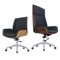 Chaise de bureau de direction moderne en bois courbé avec dossier haut en cuir PU, base en alliage d'aluminium, mécanisme de verrouillage à 4 niveaux, fonction pivotante