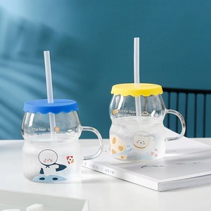 Copos de vidro de palha de silicone, bonito, desenho animado, para animais de estimação, com cobertura de silicone, copo de vidro de água no gelo, alta qualidade, venda imperdível - Product Image 3