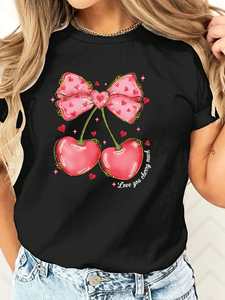 T-shirt da donna a maniche corte con stampa fiocco ciliegia per San Valentino, vestibilità regolare, girocollo, 100% cotone, stile carino primavera estate - Product Image 3