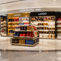 Mueble de Exhibición LED de Pared y Isla Escalonada para Tienda de Regalos, Solución Integral para Exhibición de Chocolate, Nueces y Productos de Color Dorado Champán y Negro, Ideal para Tiendas Minoristas y Duty Free