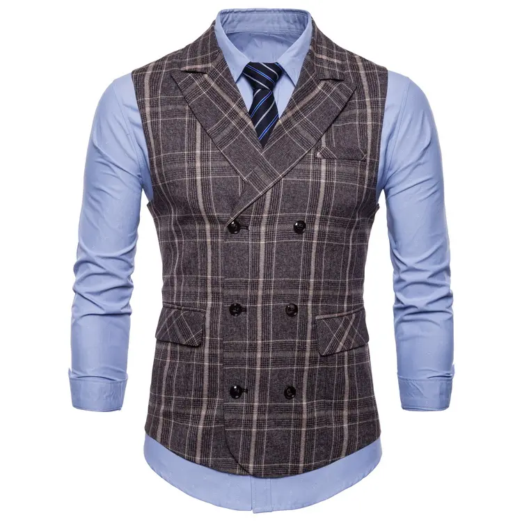 Wholesale Business Professional Slim Grey Plaid Double Breasted Pocket Decor Casual Men's Suit Vest