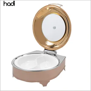 HD Hydraulic round Chafing Dish with Copper Warming Double Ceramic Insert Lid Roll Top Design for Hotel Catering